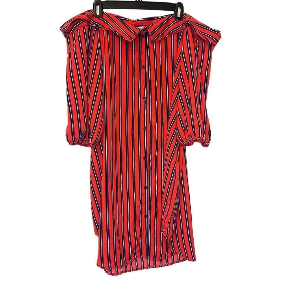 Fashion Nova Striped Button Front Off The Shoulder Mini Shirt Dress Red Blue XL